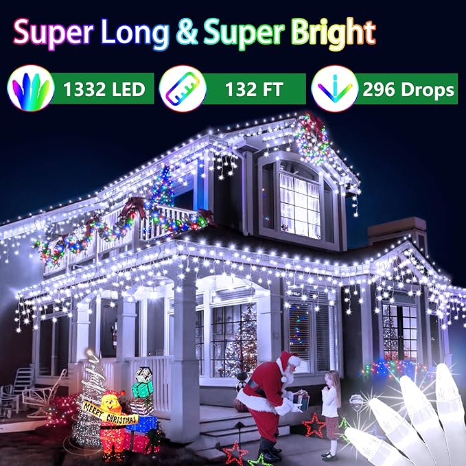 132FT 1332 LED Outdoor Christmas Lights - 296 Ice Drops 12 Pro Modes with Timer Memory &amp Brightness Waterproof Hanging Ice String Light for Holiday Wedding Garden Fence House Decor (Cool White)