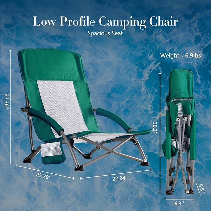 DUMOS Low Beach Chair for Adults Lightweight Folding Beach Chair with Cup Holder Storage Bag Breeze Mesh Back Padded Armrests Compact Low Profile Chair for Camp Picnic Lawn Sand