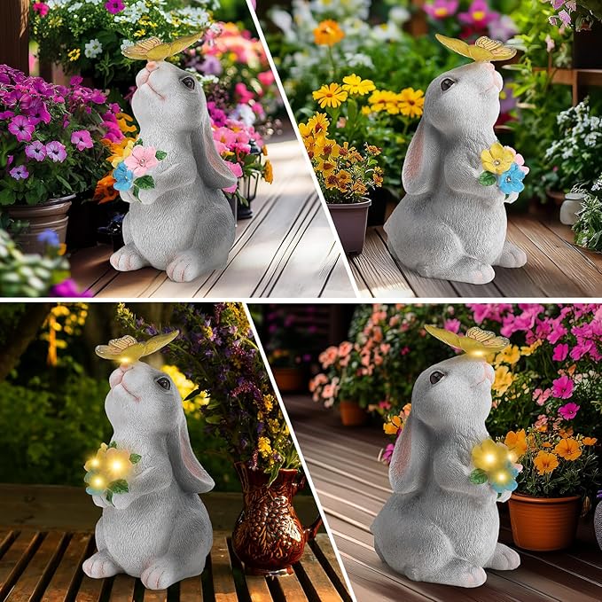 Solar Garden Decor Bunny with Flowers Statues Outdoor Outdoor Figurine Statue Lights Outdoor Garden Yard Lawn Patio Decoration Unique House Warming Birthday Present for Women Family