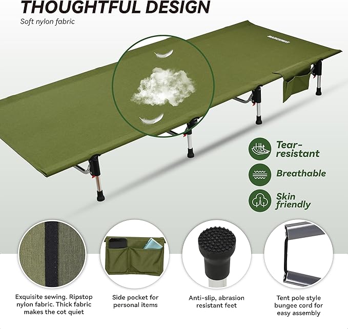MARCHWAY Lightweight Folding Tent Camping Cot Bed with Lever Lock Easy Setup Portable Compact for Outdoor Travel Hunting Hiking Motorcycling Support 330Lbs (Army Green)