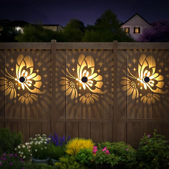 Solar Fence Lights 4 Pack Solar Deck Lamps Outdoor Decorations Powered Step Lights Wall Waterproof LED Warm Decorative Lighting for Garden (Butterfly-Flower 4)