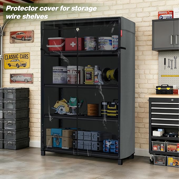 Porch Shield Storage Shelf Cover Fits 48 x 24 x 72 Wire Rack - Dustproof Shelving Unit Cover with Front Transparent(Grey)