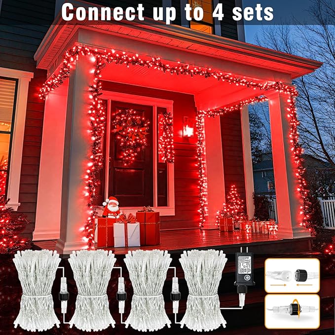 100FT 300 LED Outdoor String Lights Plug in Red Christmas Lights Indoor Waterproof with 8 Modes Connectable Twinkle Fairy Lights Clear Wire for Indoor Bedroom Home Patio Yard Wedding Decorations
