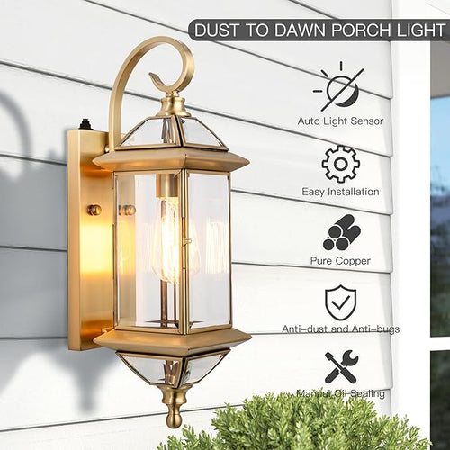 18.5''H Dusk to Dawn Sensor Outdoor Wall Light Fixture Golden Copper Porch Light with Tempered Glass Exterior Lighting Wall Mount for GaragePorchPatioOil-Rubbed BrassE26 Socket1 Pack