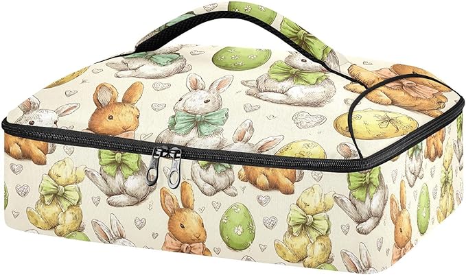 Casserole Carrier Loveliness Bunnies PatternInsulated Casserole Carrier for Hot or Cold Food Thermal Lunch Tote for Potluck Parties Picnic Beach Fits 9 x 13 Inches Baking Dish