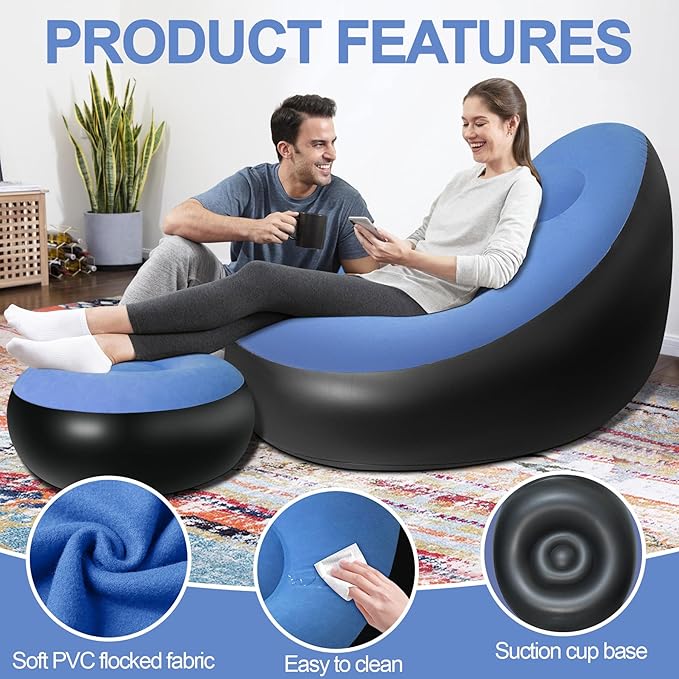 Inflatable Chair with Ottoman Inflatable Couch for Adults with Flocked Surface Comfortable Blow Up Air Chair Waterproof Portable Air Sofa Inflatable Couch for Camping(Blue) (Without Pump)