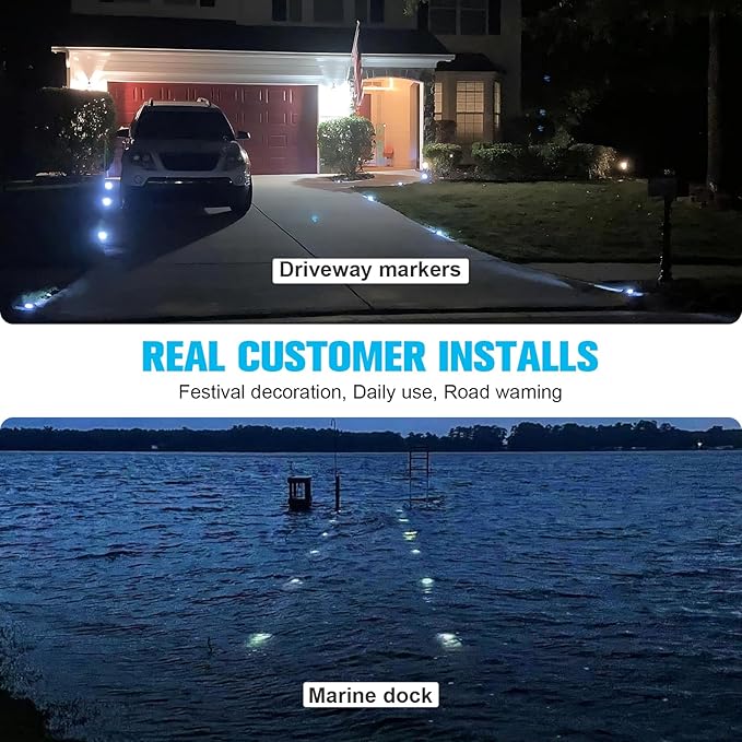 VOLISUN Solar Deck Lights Driveway Dock Lights 12-Pack Led IP68 Waterproof Outdoor Warning Step Lights for Driveway Sidewalk Garden Pathway Yard(White Auto On/Off