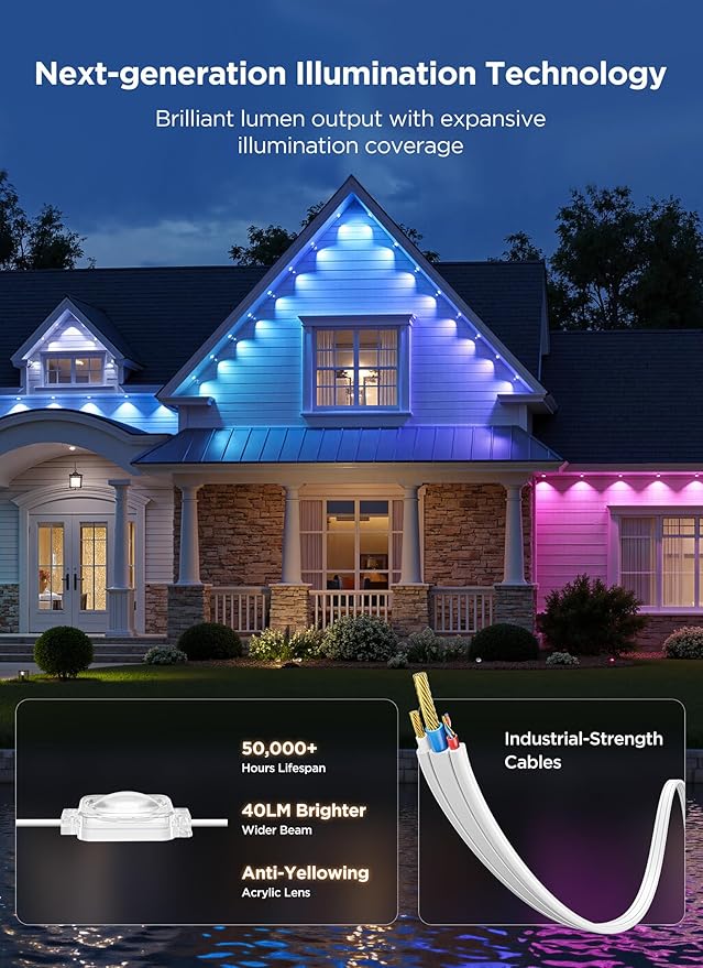 Permanent Outdoor Lights 50FT with 32 Smart RGB LED Lights DIY Scene Mode IP68 Waterproof Christmas Lights for Daily and Accent Lighting Outdoor Decor House Roof Holiday Decorations