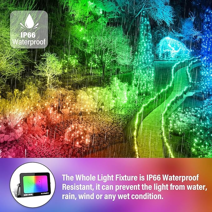 LED Flood Light Outdoor 50W 500W Equivalent RGB Color Changing Floodlight with Remote 16 Colour Changing IP66 Waterproof Control for Garden Party Stage Landscape (4 Pack)