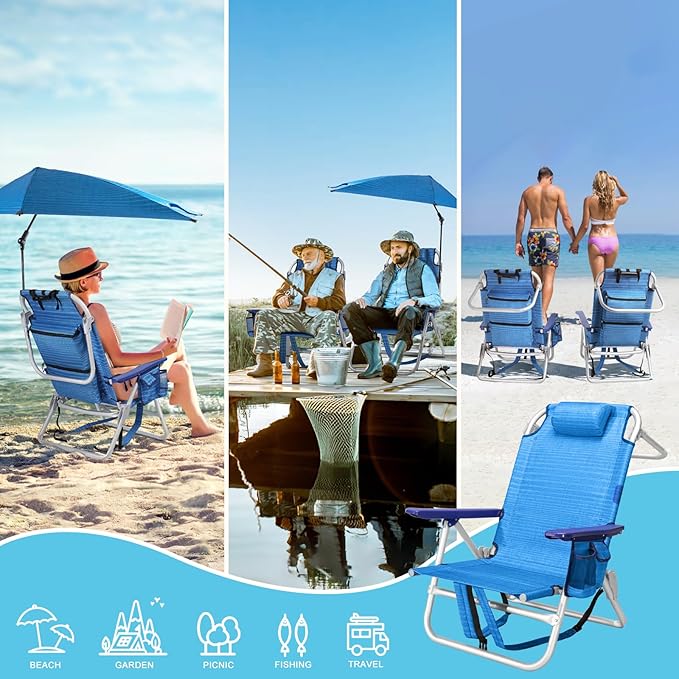 Beach Chair Backpack Chairs for Adults with Adjustable Umbrella Folding Beach Chairs with Storage PouchCup Holder &amp Towel Rack Adjustable Lounge Chair for Seaside（2pcs/Blue）