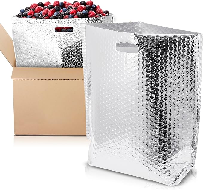 APQ Insulated Foil Bag With Handles 11 x 8.5 x 5.5 Inches. 10 Pack Thermal Bags for Frozen Food. Metallized Foil Box Liners With Bubble Cushion. Shipping Bags for Food Cosmetics