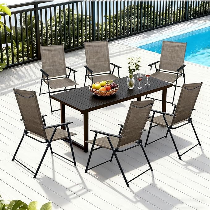 SHGJ&ampSOFT Set of 2 Folding Patio Chairs Outdoor Chair with Armrests for Lawn Garden Pool Beach Yard Lounge Metal Frame No Assembly Camping Chairs (Brown 2pc)