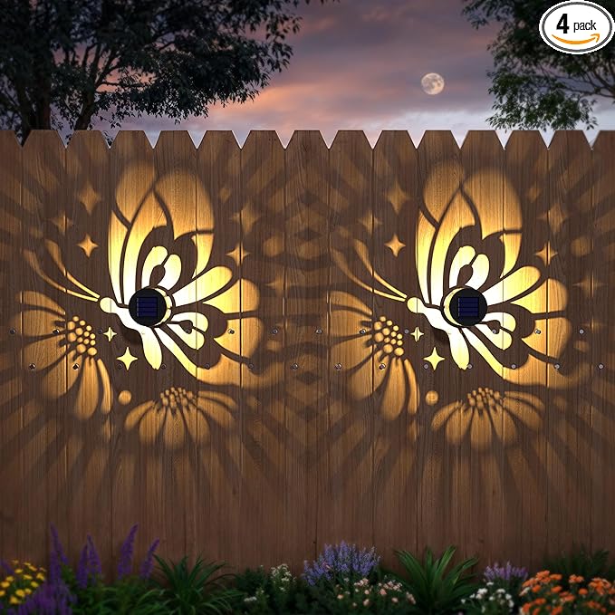 Solar Fence Lights 4 Pack Solar Deck Lamps Outdoor Decorations Powered Step Lights Wall Waterproof LED Warm Decorative Lighting for Garden (Butterfly-Flower 4)