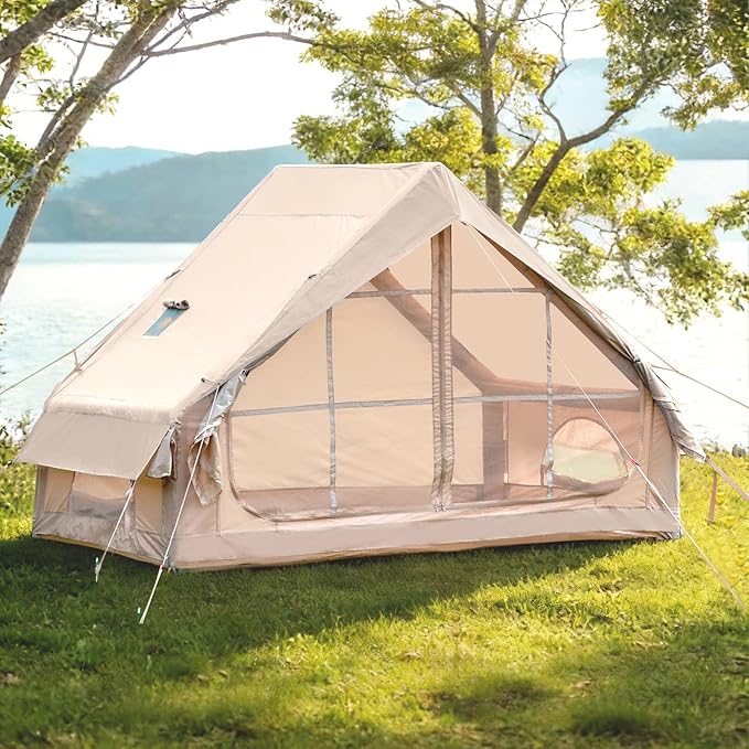 Inflatable Camping Tent with Hand Pump Waterproof Outdoor Blow up Tent 2-8 Person Oxford 4 Season Glamping Air Tent Cabin House with Mesh Windows &amp Door