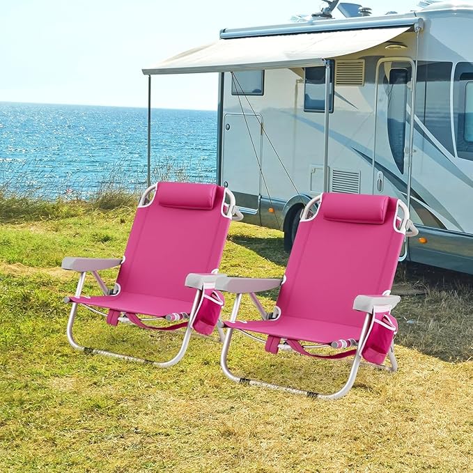 COSTWAY Backpack Beach Chair Foldable Camping Chair with 5 Adjustable Position Cup Holder Storage Pockets Straps Towel Rack Pillow for Patio Outdoor (Pink2)