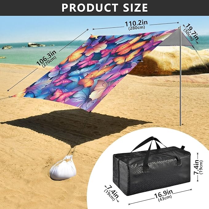 ALAZA Rainbow Butterflies Beach Tent Sun Shelter UPF50+ Protection Beach Shade Canopy w/ 4 Sandbags for Outdoor Camping Fishing Backyard Fun Picnic 10x9 ft
