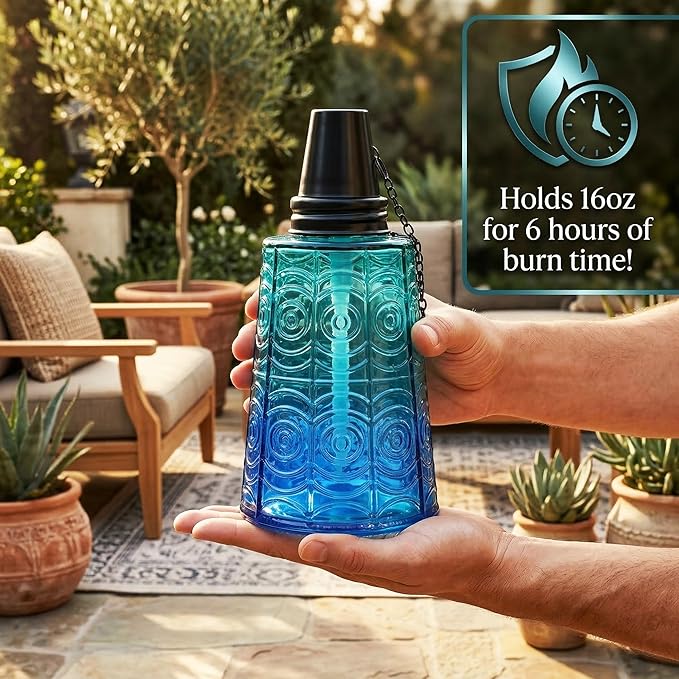 Seraphic Citronella Table Top Torches for Outdoor Patio 16oz Decorative Glass Torch Citronella Candles for Outside Deck Garden Parties Set of 3 Tropical Blue