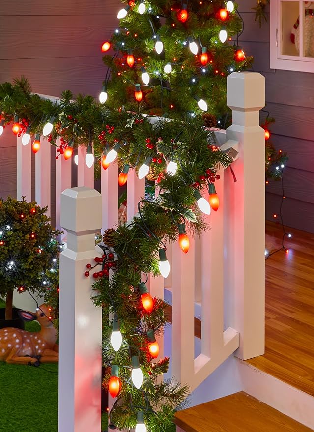 Vintage C9 LED Christmas Lights Outdoor 150 Feet C9 String Lights with 75 Shatterproof C9 Bulbs Waterproof Connectable Christmas Tree Lights for Outside Roofline Patio Xmas Decor Red &amp Pure Whi