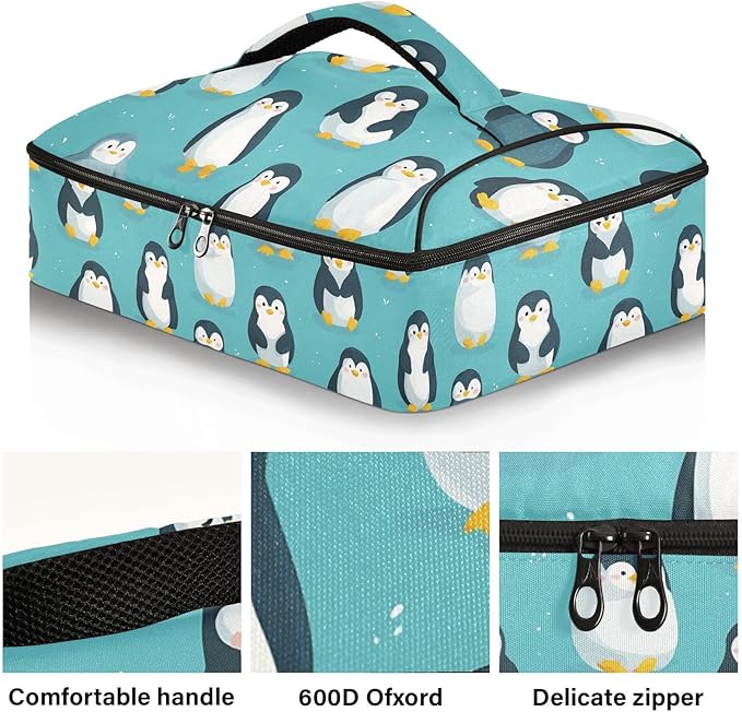 Casserole Carrier Pattern Cute PenguinsInsulated Casserole Carrier for Hot or Cold Food Thermal Lunch Tote for Potluck Parties Picnic Beach Fits 9 x 13 Inches Baking Dish