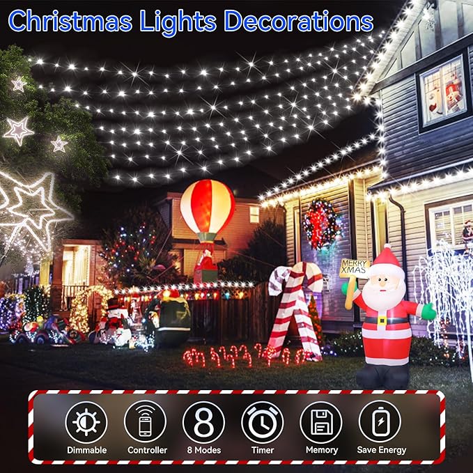 Hezbjiti 1000 LED 403 FT Christmas String Lights Outdoor 8 Lighting Modes IP44 Waterproof Fairy Lights with Timer and Dimmable Function for Home Party Tree Decorations (Cold White Clear Wire)