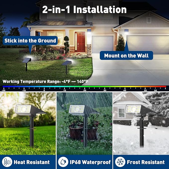 Solar Spot Lights Outdoor 2 Pack Outdoor Solar Lights for Yard Waterproof 4 Lighting Modes Solar Landscape Spotlights Auto On/Off Solar Powered Flood Lights Garden Pathway (Cool White)