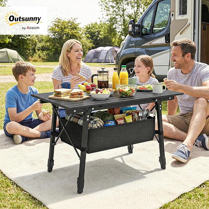 Outsunny 3ft Portable Camping Table with Storage Bag Adjustable Height Aluminum Small Folding Table Lightweight Picnic Table with Carry Bag for Outdoor Picnic BBQ Backyards Beach Black