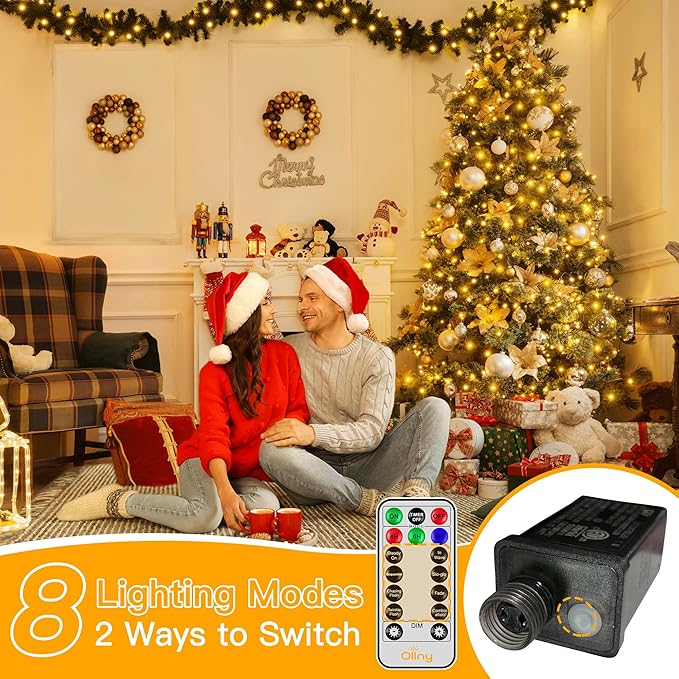 Ollny Christmas Tree Lights 8.2ft*16 Strings with Ring 8 Lighting Modes 3 Timers Dimmable Christmas Lights Indoor/Outdoor with Remote Waterproof for Xmas Decor (Warm White)