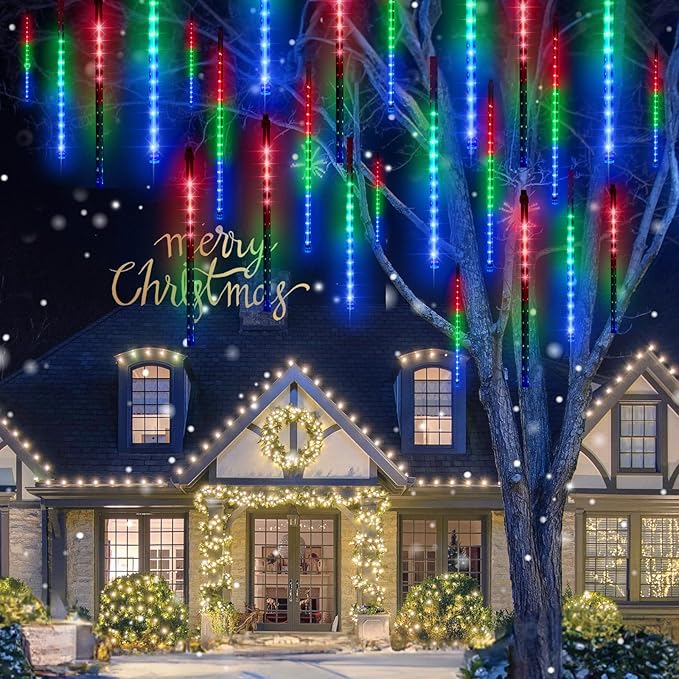 Minetom Meteor Shower Lights Outdoor 16 Inch 24 Tubes 864 LED Icicle Lights Waterproof Meteor Christmas Light Outdoor Falling Rain Light for Tree Bushes Holiday Christmas Decoration Multicolor