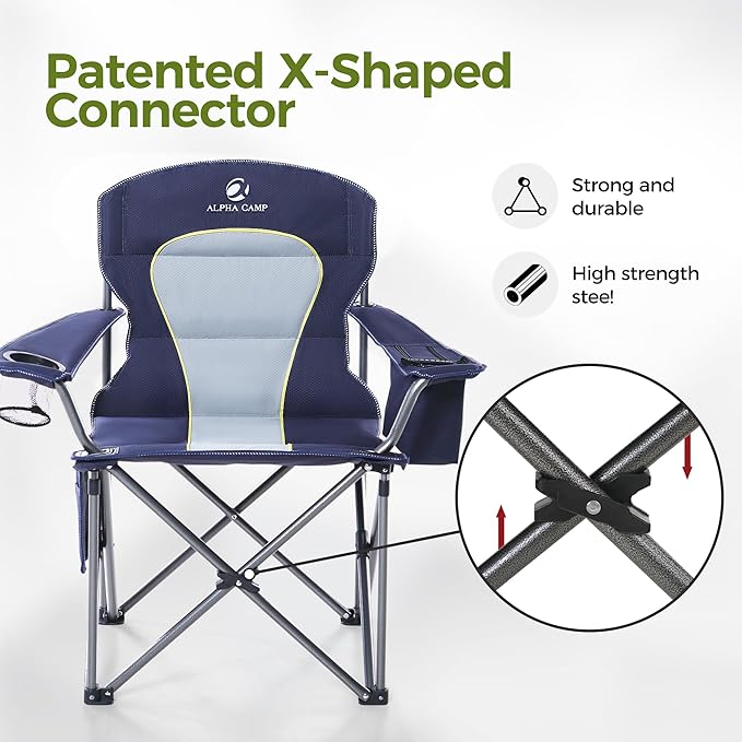 ALPHA CAMP Heavy Duty Camping Chair 500LBS Capacity Oversized Folding Chair for Heavy People Padded Portable Outdoor Chair with Cooler Bag &amp Cup Holder for Camping Fishing Beach