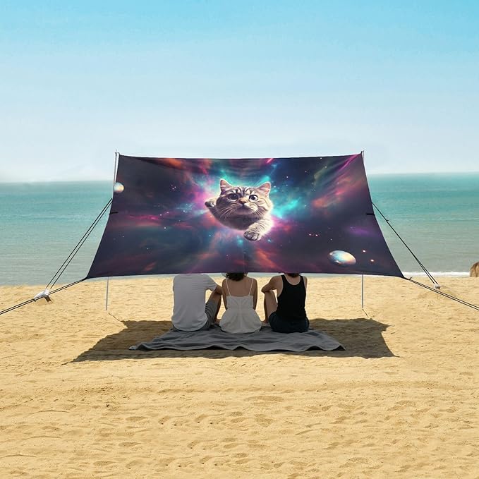 Camping Sun Shelters Cat Flying in The Universe Beach Canopy 126 * 110.2in
