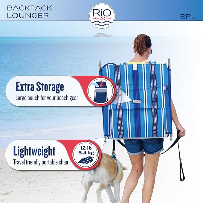 Rio Beach Portable Lay Flat Folding Backpack Beach Lounge Chair with Backpack Straps and Storage Pouch Blue and Red