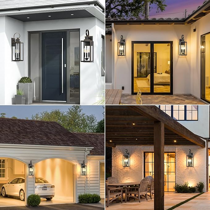 3-Light Outdoor Wall Light Fixtures 19 Inch Large Waterproof Exterior Wall Sconces with Glass Shades Black with Gold Trim Anti-Rust Outside Wall Lantern for House Front Porch Patio Garage