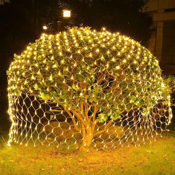 (Upgraded) Outdoor Christmas Lights 360 LED Sturdy Net Lights 12x5Ft Outdoor String Lights [8 Modes &amp Waterproof] Christmas Decoration for New Year Bushes Gardens Lawns Patio Decor - Warmwhi