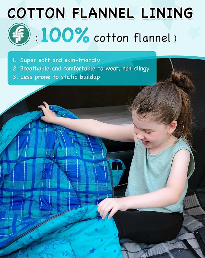 KingCamp 45°F Kids Sleeping Bag Lightweight Waterproof &amp Compact Flannel Sleeping Bags Cold Weather &amp Warm Youth Essentials Gear Accessories for Camping Fits 10-12 Children up to 4'7-5'5 T