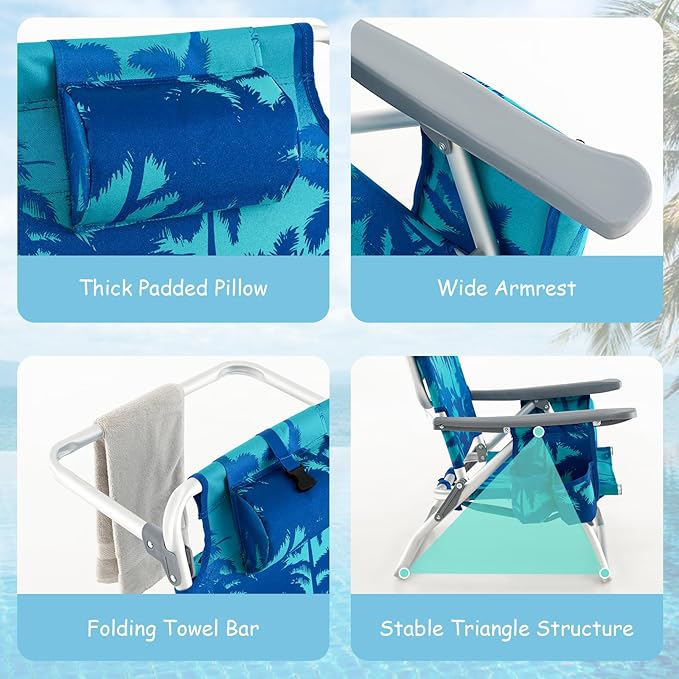 COSTWAY Backpack Beach Chairs Set 3-Piece Portable Camping Chairs with Cup Holder Ice Bag 5-Position Outdoor Reclining Chairs for Adults Travel Sunbathing Support 300 LBS Light Blue