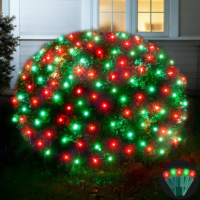 Led Net Lights Christmas Lights Outdoor 200Led 9ftx6ft Upgraded Red and Green Christmas Net Lighting Waterproof 5mm LED Wide Angle Outdoor Indoor Mesh Net Light for Trees Bushes Shrubs Decorations