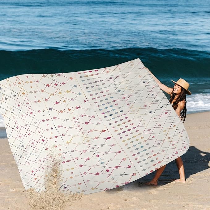 Boho Moroccan Beach Blanket Sandproof Large 78×86 Beach Mat Sand Free Waterproof Fits Up to 4 Adult Compact Quick Dry Polyester Outdoor Picnic Blanket with Stakes for Travel Camping Hiking