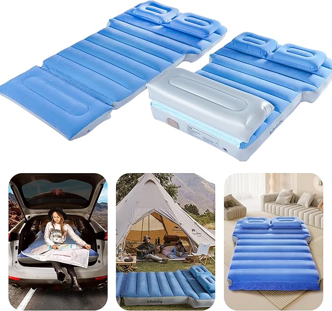 Inflatable Car Air Mattress with Built-in Pump Adjustable Car Camping Bed Sleeping Pad for Back Seat Portable Travel with Two Air Pillows