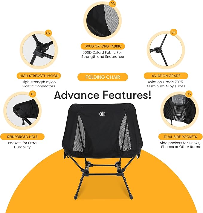 D-LO Ultralight Camping Chair - Black - Upgraded Dual Pocket - High Strength 600D Oxford Fabric - 7075 Aluminum Alloy - Great for Camping Hiking Lounging
