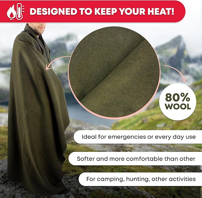 Ever Ready First Aid Olive Drab Green Warm Fire Retardant Blanket 66 x 90 (80% Wool) – US Military Style Heavy-Duty Survival &amp Emergency Blanket for Camping Hunting Outdoors &amp Home Use -