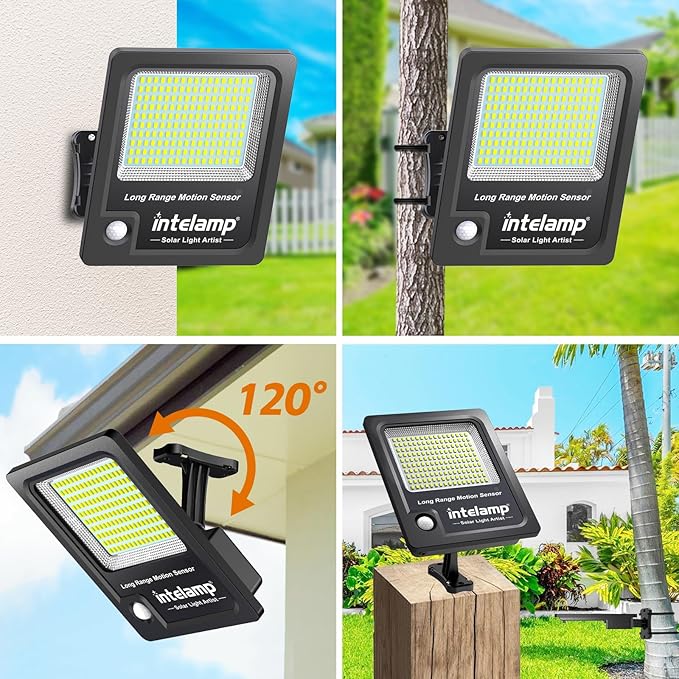intelamp Solar Flood Lights Outdoor Waterproof Linkable 12000mAh 3000LM Motion Sensor Floodlight with Remote Control Sensor Case 16.4Ft Cable Dusk to Dawn Lighting Lamp for Street Outside House