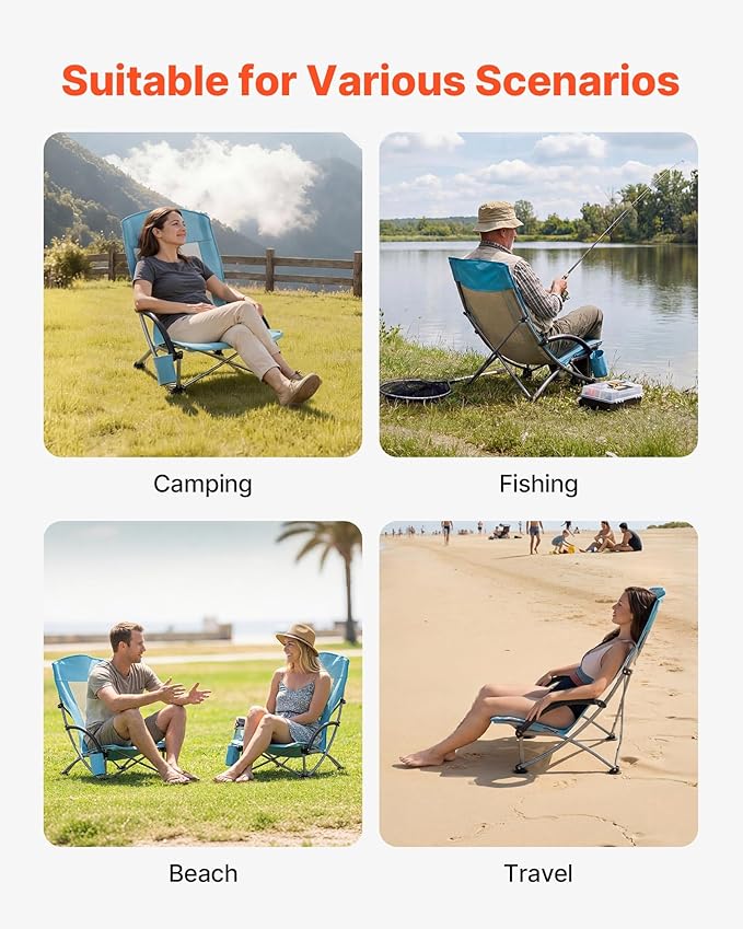 VEVOR Folding Beach Chair High Back Camping Chairs for Adults with Cup Pocket Mesh Back Carry Bag Portable Extra Wide Seat Chair 330 lbs Heavy Duty Support for Outdoor Camp Light Blue