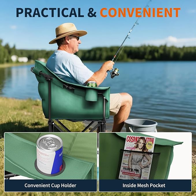 NAIZEA Padded Camping Chair Outdoor Folding Chair Portable Heavy Duty Arm Chairs with Side Pockets Cup Holder for Beach Lawn Picnic Fishing Backpacking