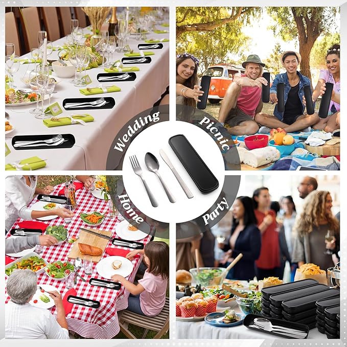 Lothee 20 Pack Travel Utensils with Case Stainless Steel Portable Camping Cutlery Set Bulk Forks Knives Spoons Silverware Set for Work Picnic Travel and Lunchboxes Dishwasher Safe Black