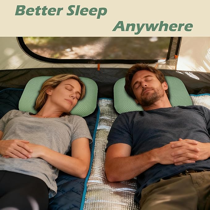 Cooling Camping Pillow Memory Foam Travel Pillow with Adjustable Buckle Strap &amp Storage Bag Compact Small Pillow for Airplane Car Lumbar Office Washable Cooling Cover Canopy Green
