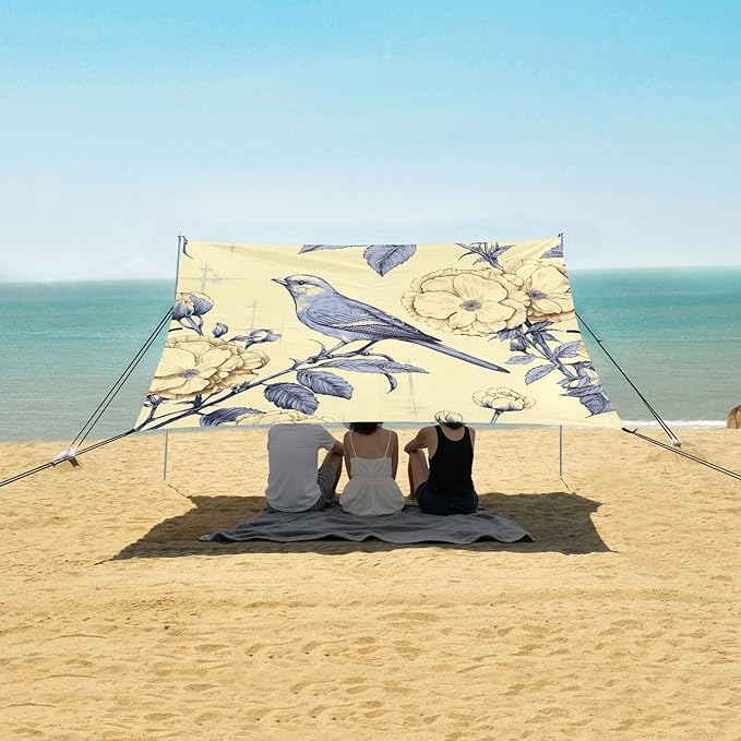 Bird Beige Beach Tent Sun Shelter 9.2' x 10.5' Beach Canopy with 4 Sandbags 4 Stability Poles Sand Shovels - Tent Canopy for Beach Camping Fishing Picnics