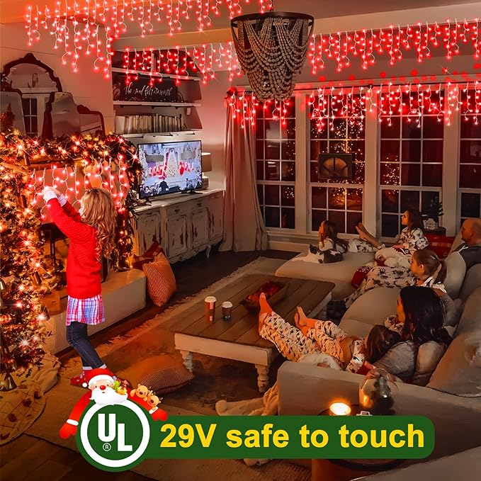 KNONEW Christmas Lights Outdoor Decorations 400 LED 33ft 8 Modes Curtain Fairy String Light with 75 Drops Clear Wire LED Hanging Light Decor for Wedding Party Holiday Christmas Decorations (Red)