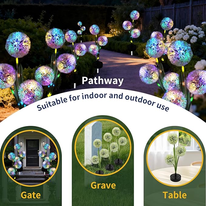 Solar Garden Lights Outdoor - Solar Flowers Lights Outdoor Decorative Waterproof Upgraded 40 Hours Dandelion Light Yard Pathway Solar Powered Lamp Cemetery Decorations Backyard Decor 4pcs