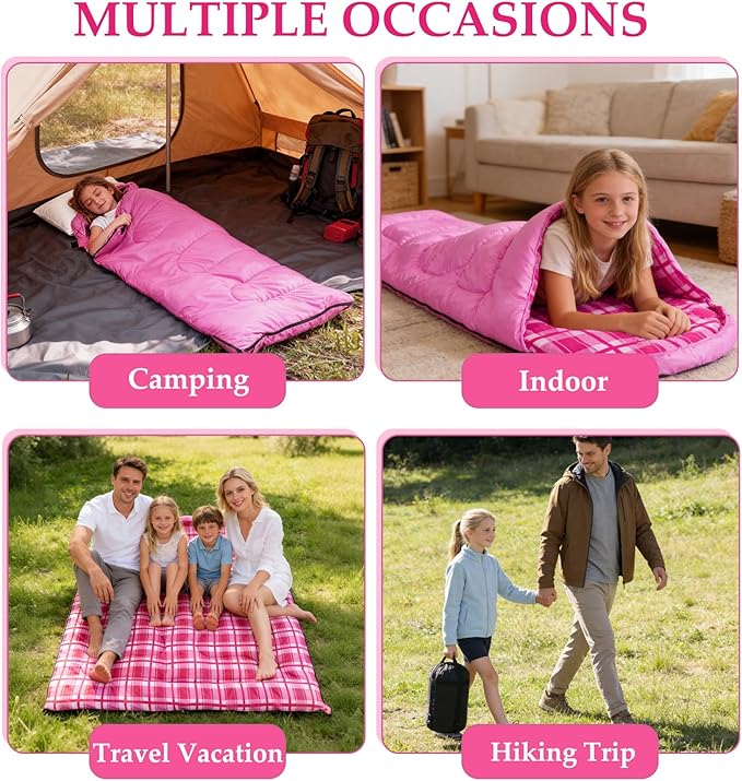 Uniqwamer Kids Sleeping Bag for Girls Boys - 4 Seasons Cold &amp Warm Weather Flannel Camping Sleeping Bags Lightweight &amp Waterproof 45°F Sleeping Bag for Camping Hiking Outdoor Travel
