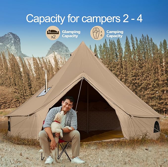 Cotton Canvas Bell Tent Waterproof Large Tents with Sturdy Center &amp Door Pole and Space for 4/6/8 Person All 4 Season Camping Yurt Tent
